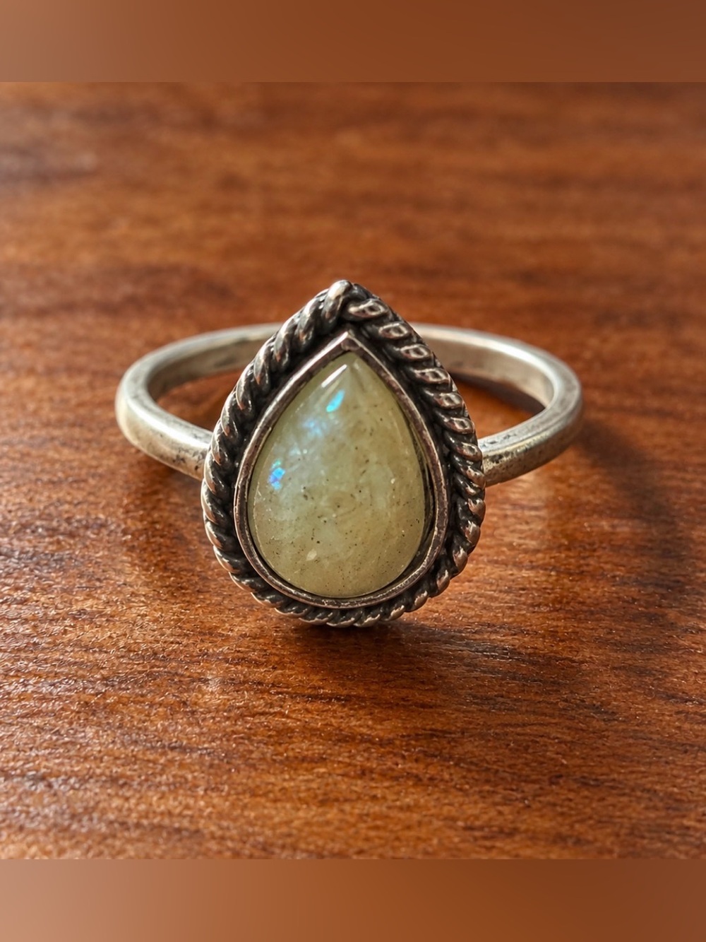 Teardrop Ring with White Opal Look Resin Cabochon Size 5
